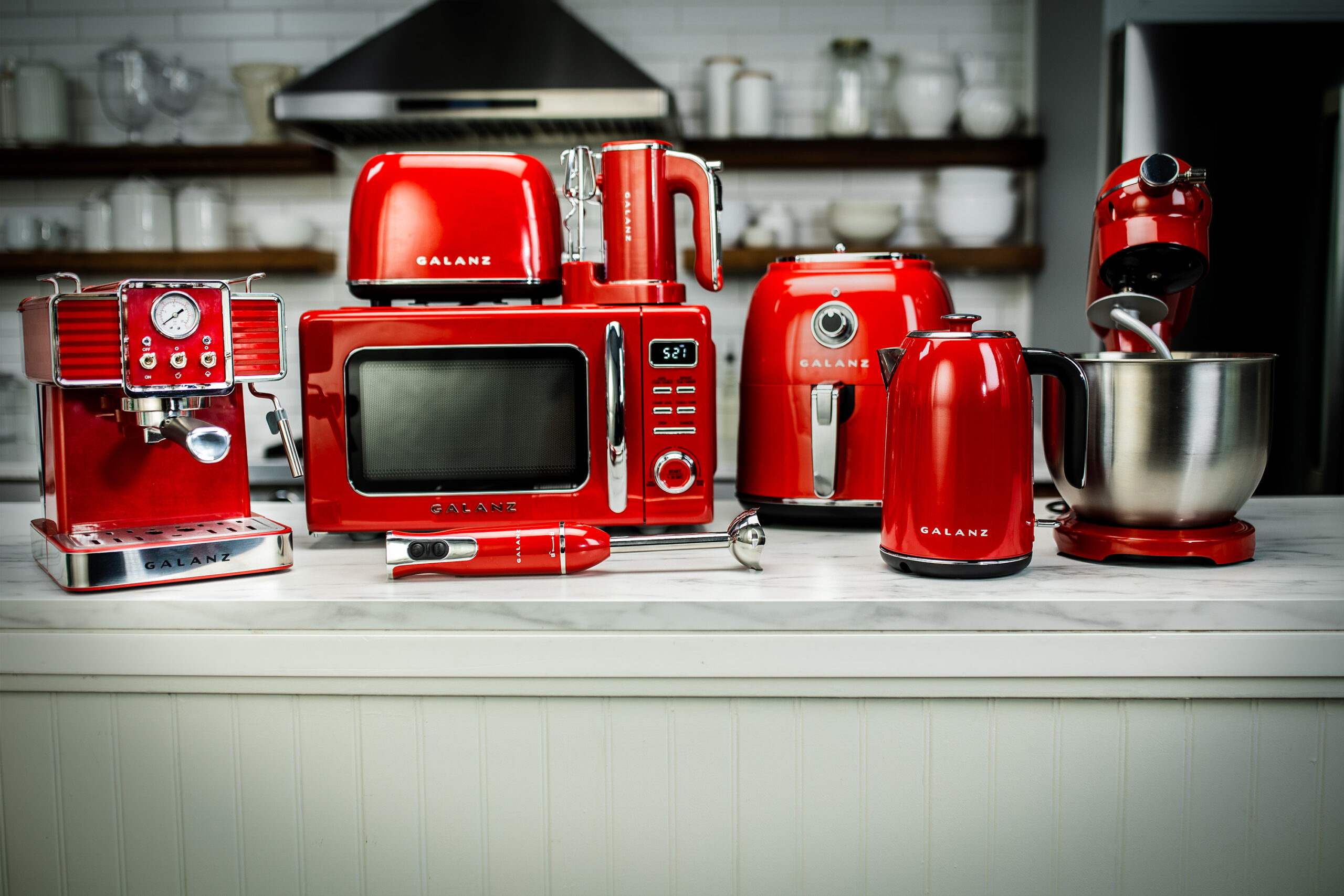 A full spread of small kitchen appliances